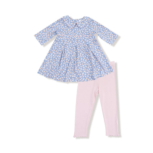 Box Pleat Dress w/ 3/4 Sleeve + Peterpan Collar & Leggings - Country Calico