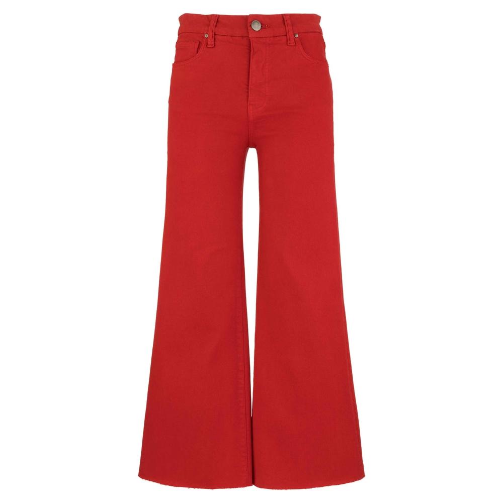 Woman wearing bright tomato red high-rise wide-leg jeans with a raw hem by Kut from the Kloth.