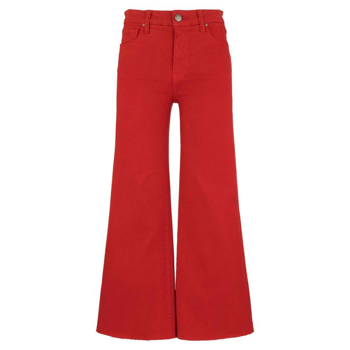 Woman wearing bright tomato red high-rise wide-leg jeans with a raw hem by Kut from the Kloth.