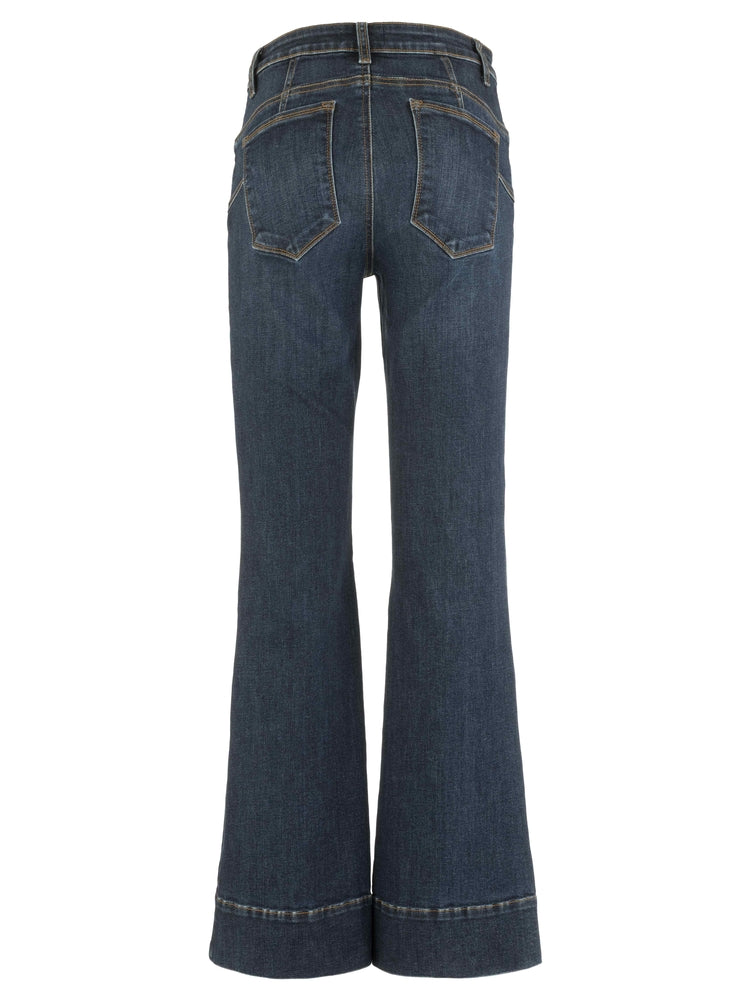 Back view of the Kut from the Kloth Stella High Rise Flare Jeans showcasing the back darts and wide hem.