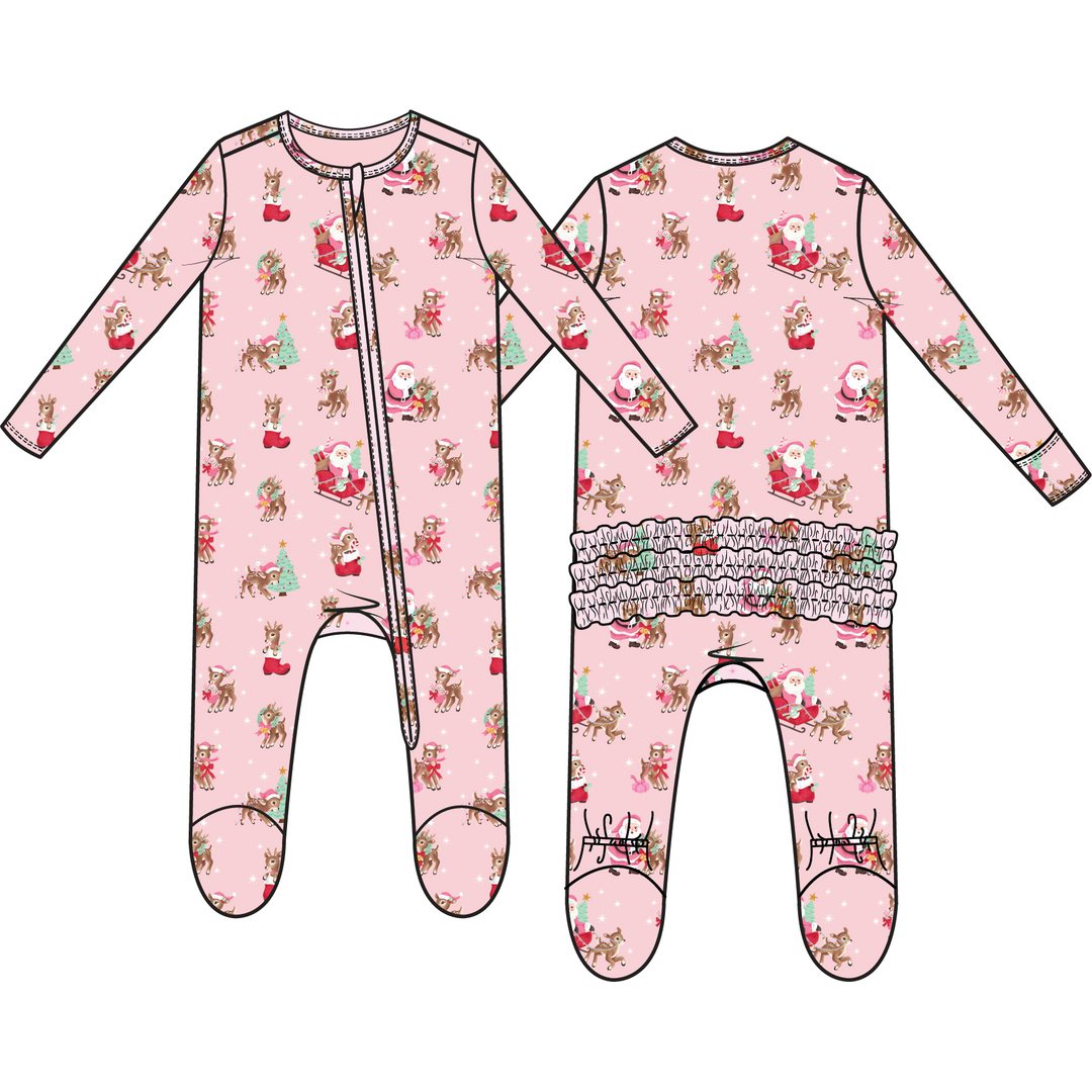 Angel Dear Vintage Reindeer &amp; Santa - 2 Way Ruffle Back Zipper Footie in Pink
