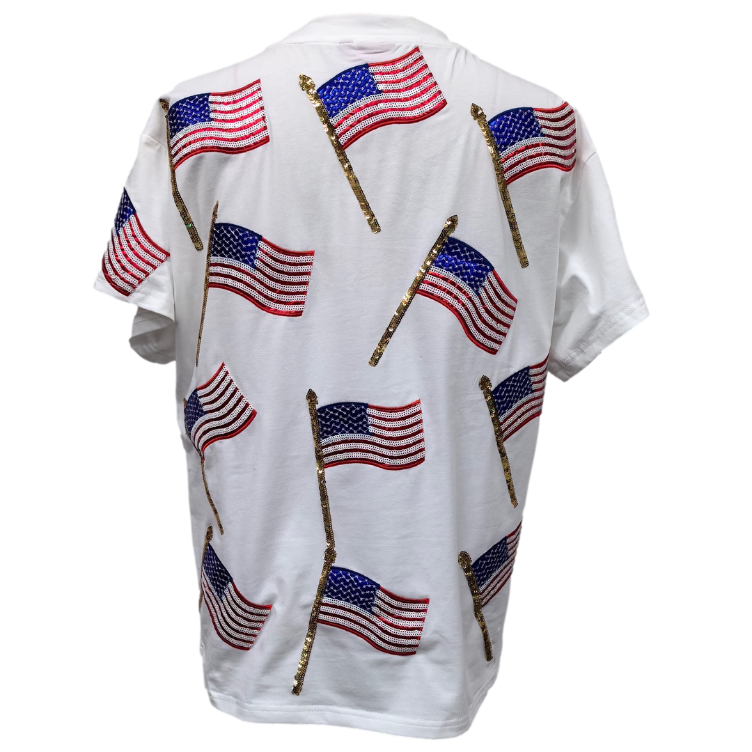 White Scattered Metallic American Flag Tee