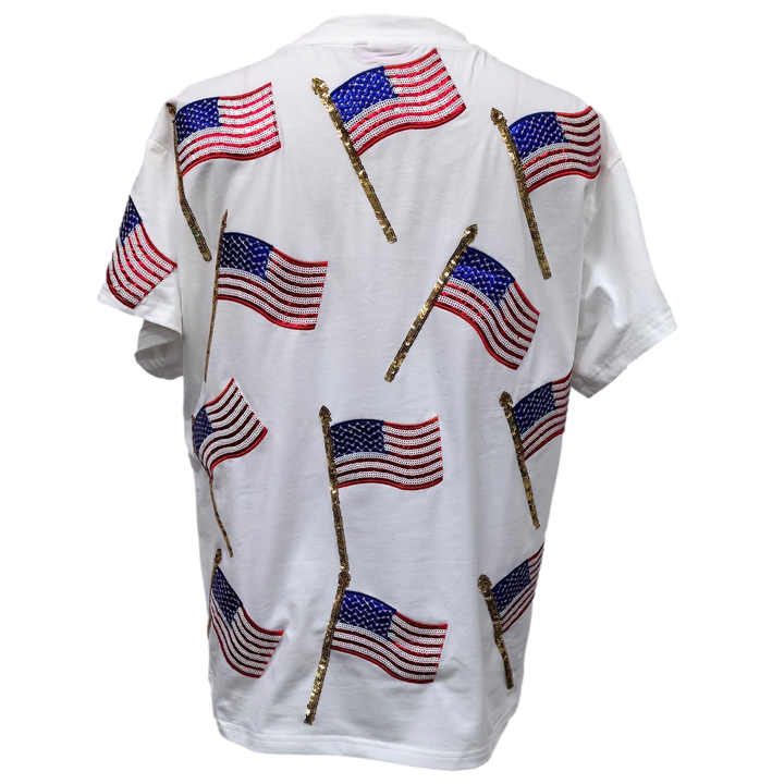 White Scattered Metallic American Flag Tee