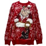 Close-up of the hand-embellished Cowboy Santa design and red paisley pattern.