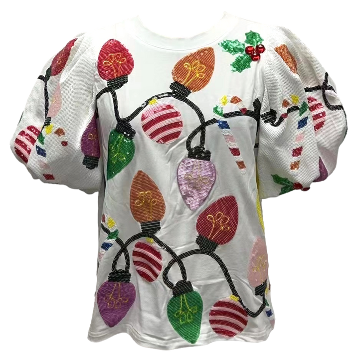 White Christmas Lights tee with Poof Sequin Sleeves
