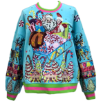 Queen of Sparkles aqua vintage Santa and gingerbread house hand-embellished holiday sweatshirt.