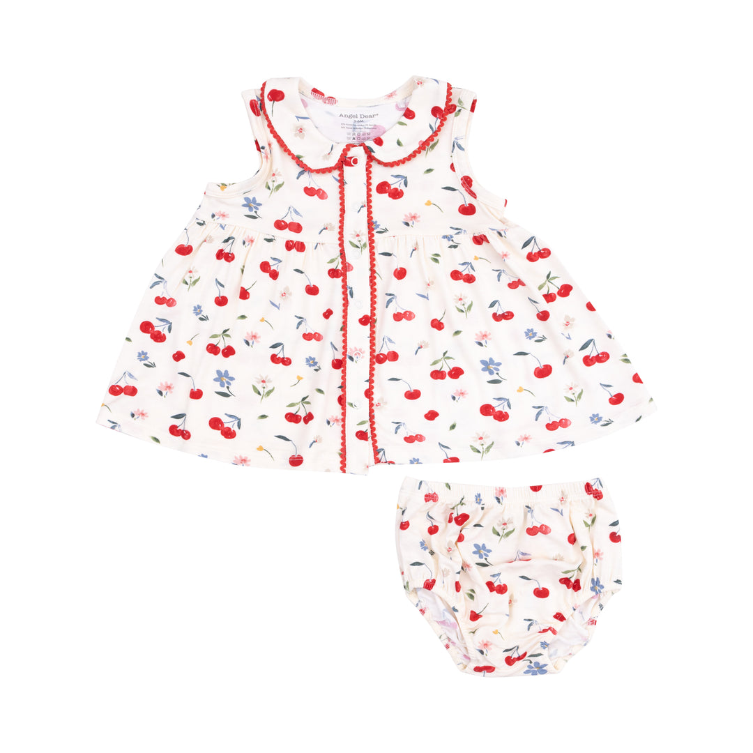The Jill Peter Pan Button Front Dress with Ric Rac Trim and Diaper Cover - Watercolor Cherries + Gingham