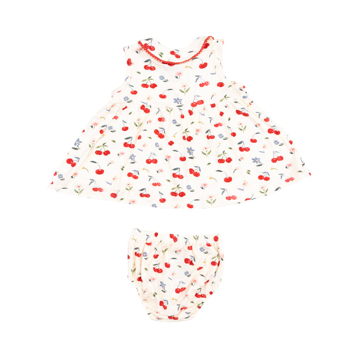 The Jill Peter Pan Button Front Dress with Ric Rac Trim and Diaper Cover - Watercolor Cherries + Gingham