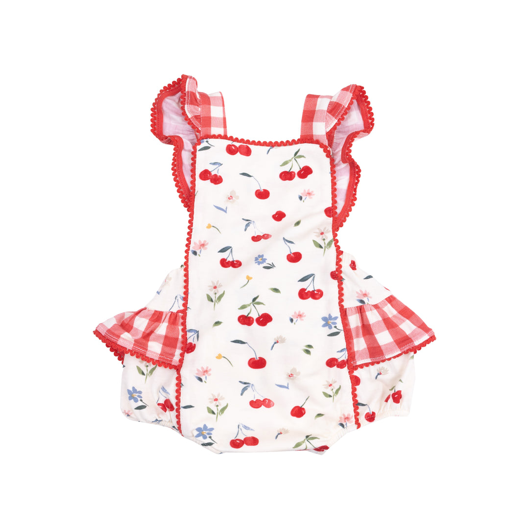 Ric-Rac Ruffle Sunsuit - Watercolor Cherries + Gingham