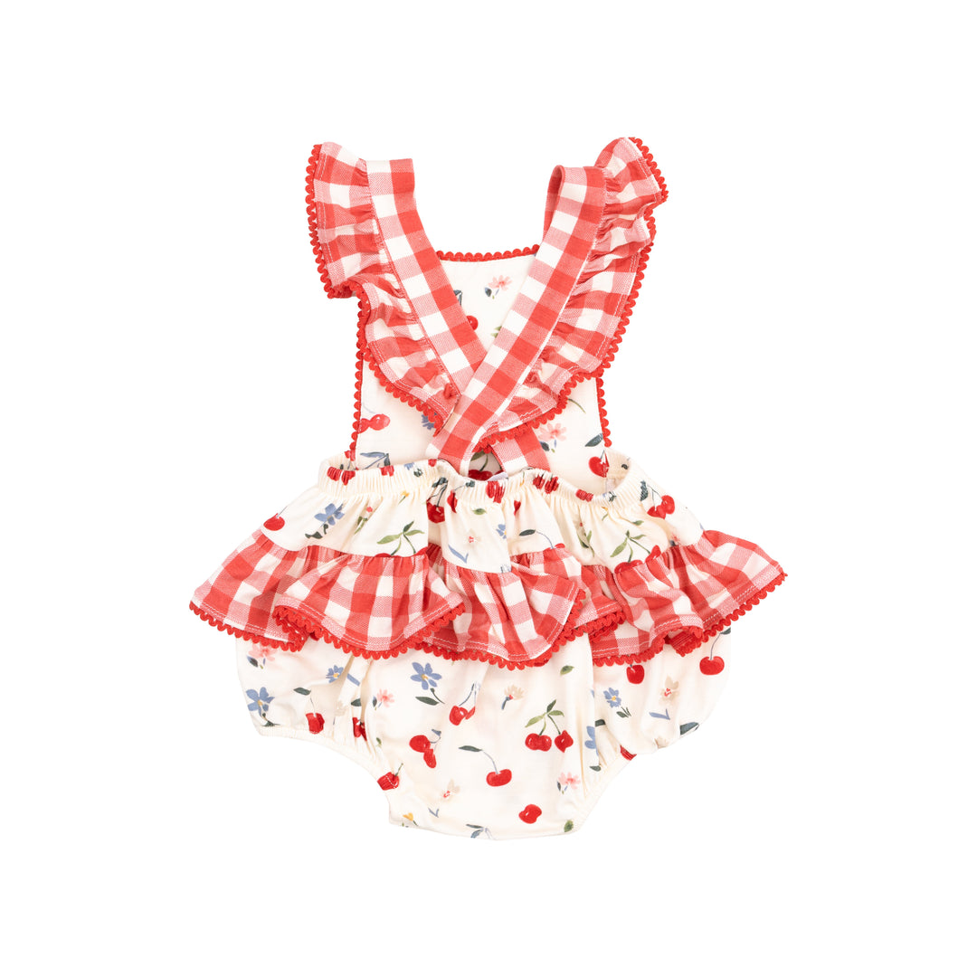 Ric-Rac Ruffle Sunsuit - Watercolor Cherries + Gingham
