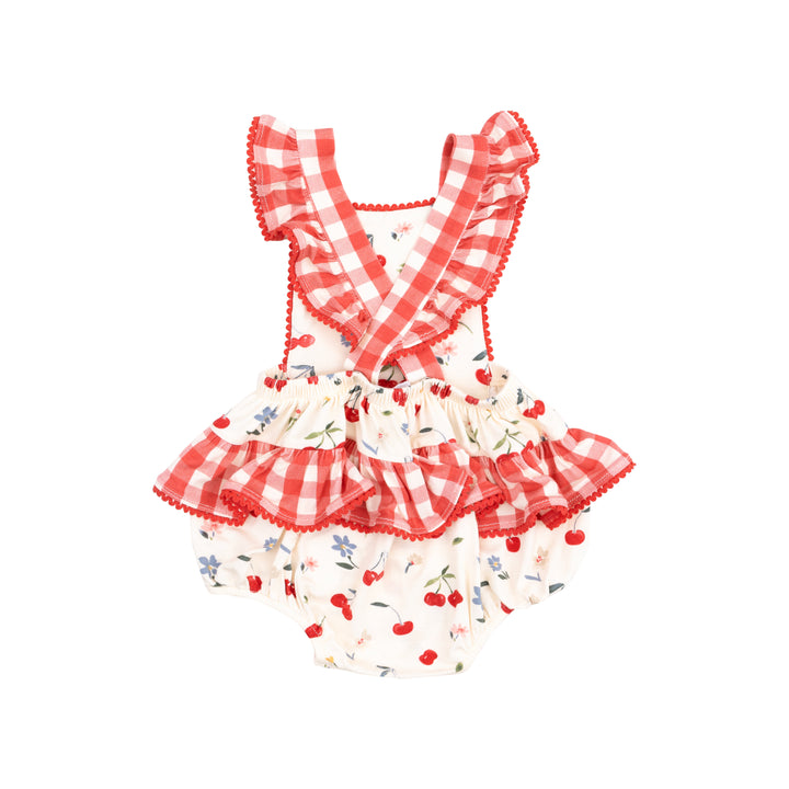 Ric-Rac Ruffle Sunsuit - Watercolor Cherries + Gingham