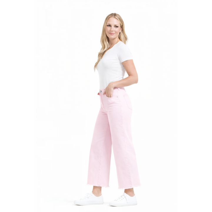 1822 Denim Mid-Rise Slim wide Leg with Raw Hem in Blush Fade