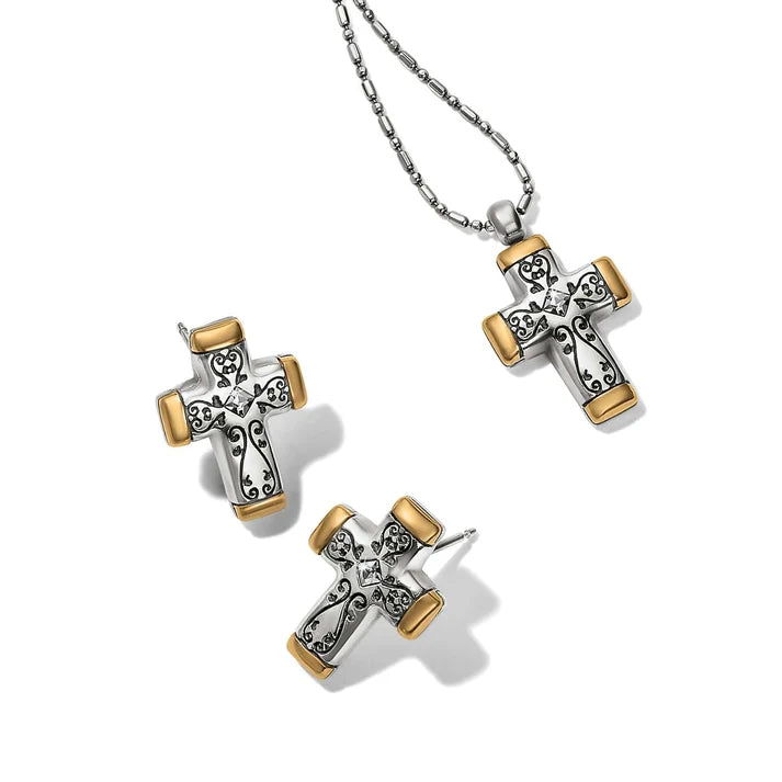 Brighton Venezia Cross Post Earrings featuring a mixed-metal silver and gold design with crystal centers.