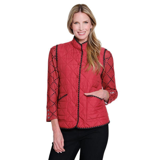 Snap Front 2 Pocket Stand Collar Vest with Shell Blanketstitch Trim