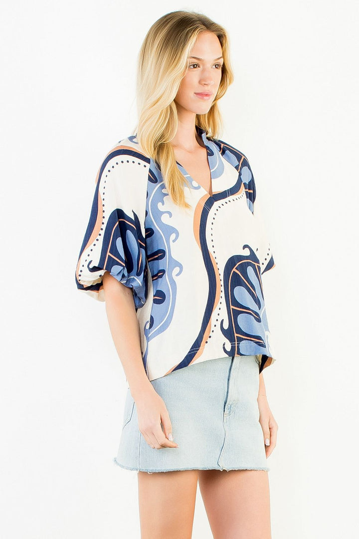 Abstract Print Top with Puff Sleeves - Cream