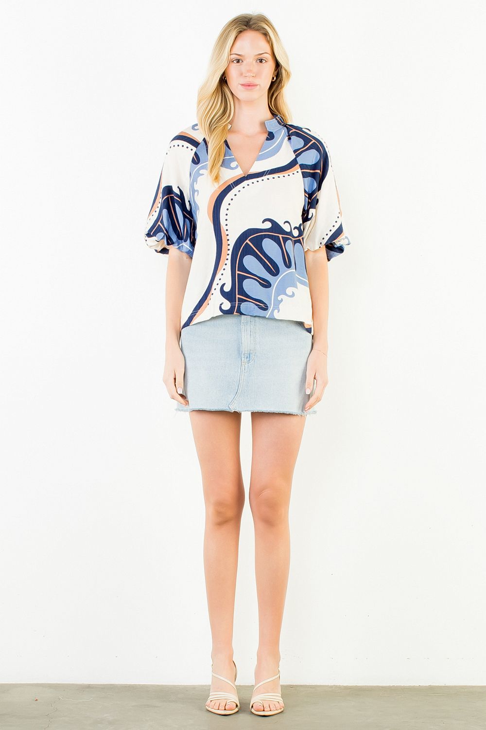Abstract Print Top with Puff Sleeves - Cream