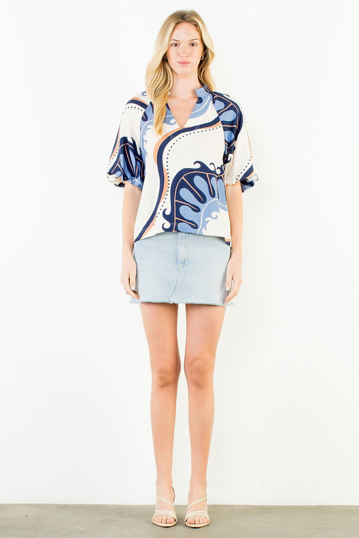 Abstract Print Top with Puff Sleeves - Cream