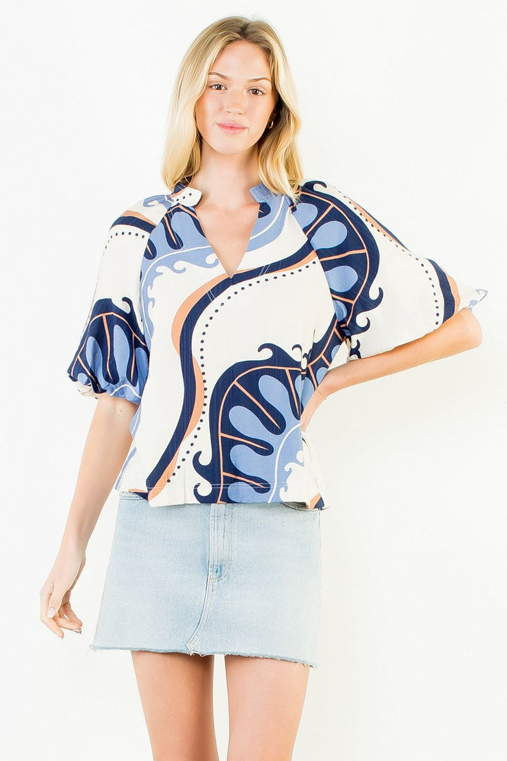 Abstract Print Top with Puff Sleeves - Cream