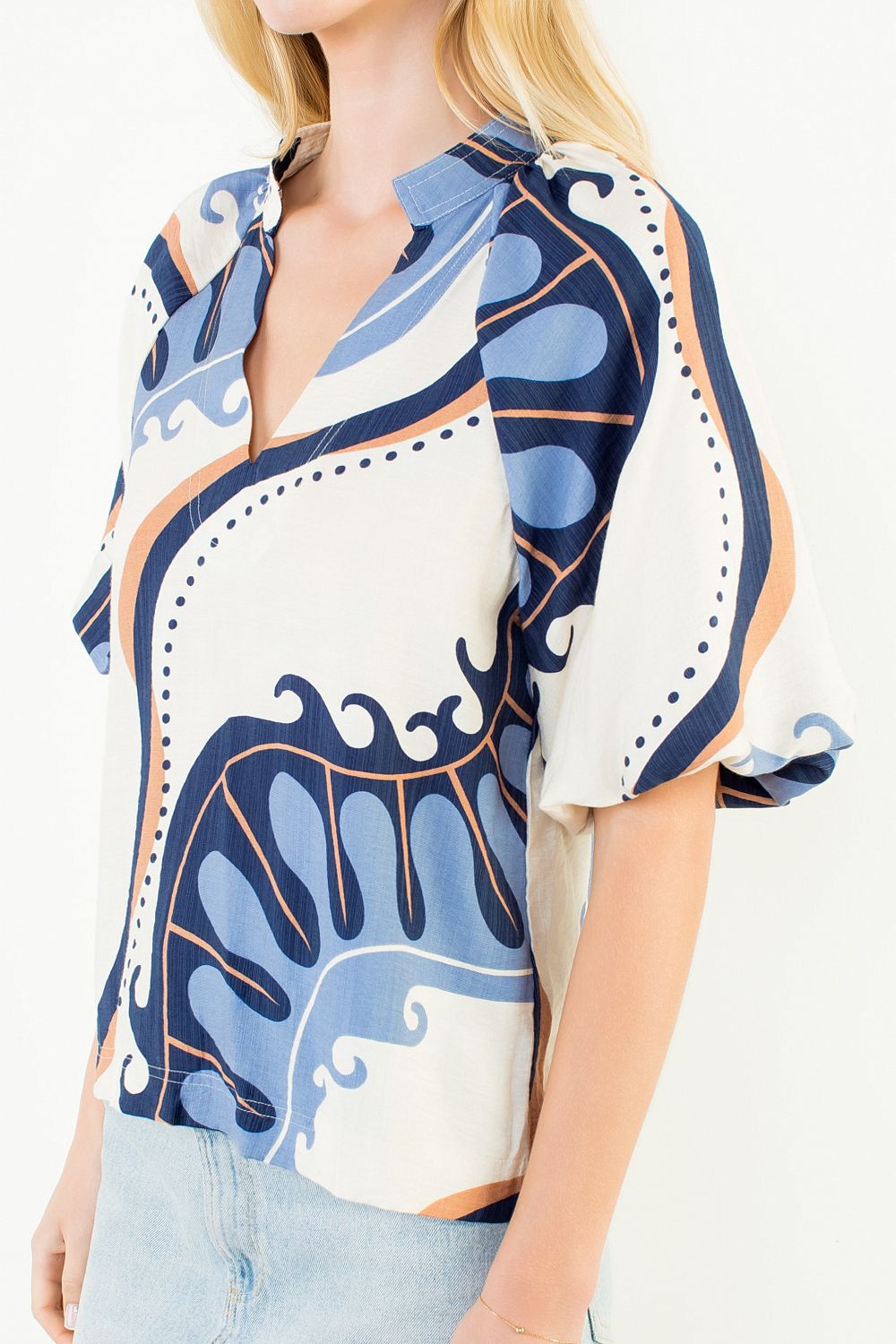 Abstract Print Top with Puff Sleeves - Cream