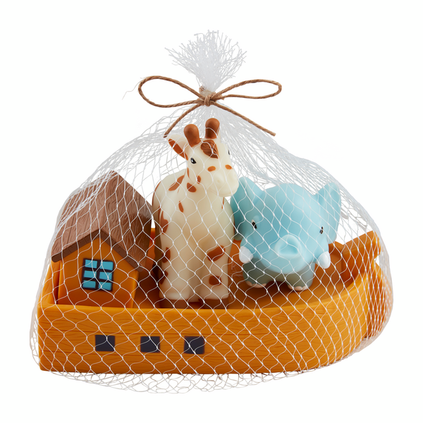 Mud Pie Light-Up Noah's Ark Bath Toy Set featuring a lion, zebra, and elephant rubber toy in a mesh bag.