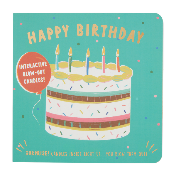 Happy Birthday Board Book by Mud Pie featuring a 3D light-up birthday cake candle and teal cover.