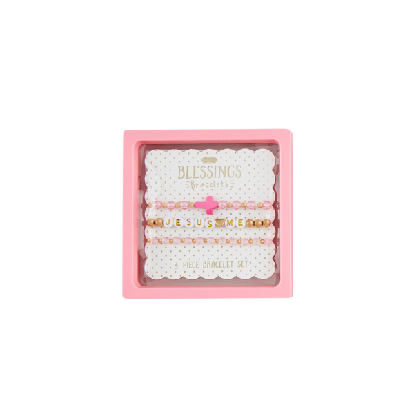 Set of three Mud Pie Blessing Bracelets with petite white and pink beads on a decorative gift card.