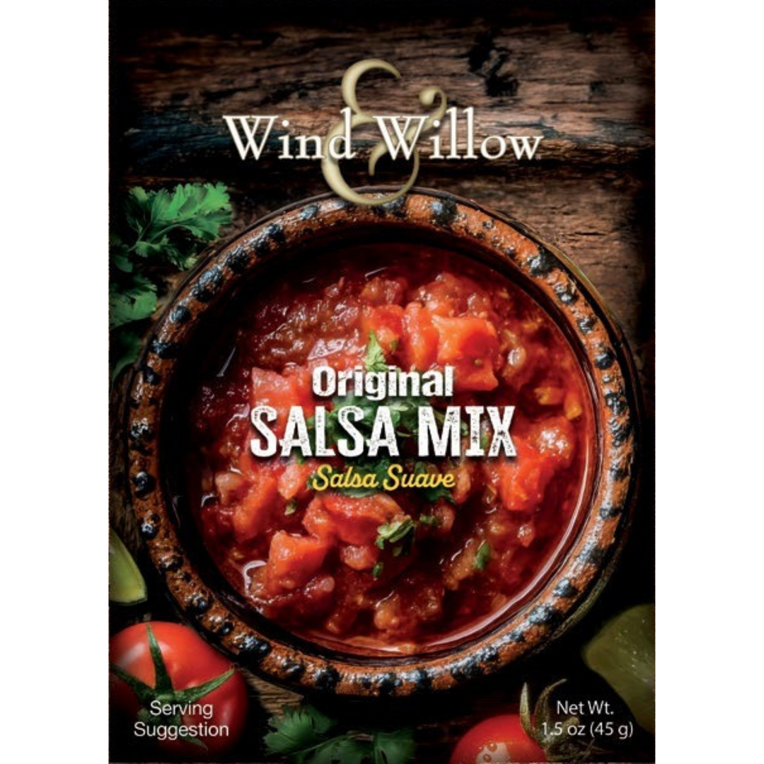 Wind Willow Original Salsa Mix packaging with salsa in a bowl on a wooden background