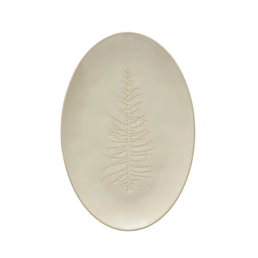 12-1/4"L x 8-1/4"W Oval Debossed Stoneware Platter w/ Tree Design, White