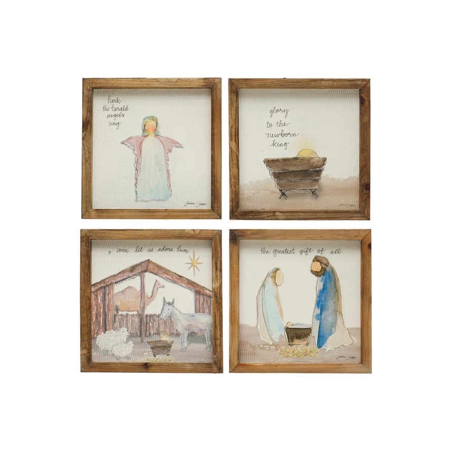 Square Fir Wood Framed Wall Decor w/ Christmas Saying &amp; Scene, Multi Color, 4 Styles