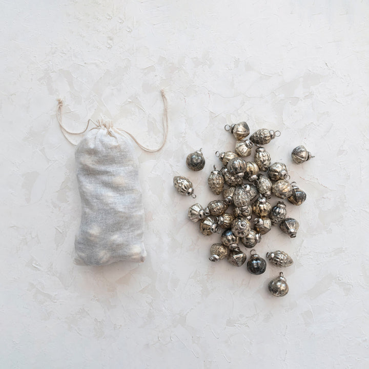 Creative Coop Embossed Mercury Glass Ornaments in Muslin Bag, Lifestyle Shot | Bella Gifts from the Heart