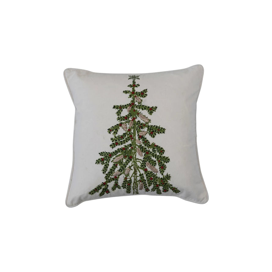 18" Square Cotton Printed Pillow w/ Christmas Tree, Embroidery &amp; Piping, White &amp; Green