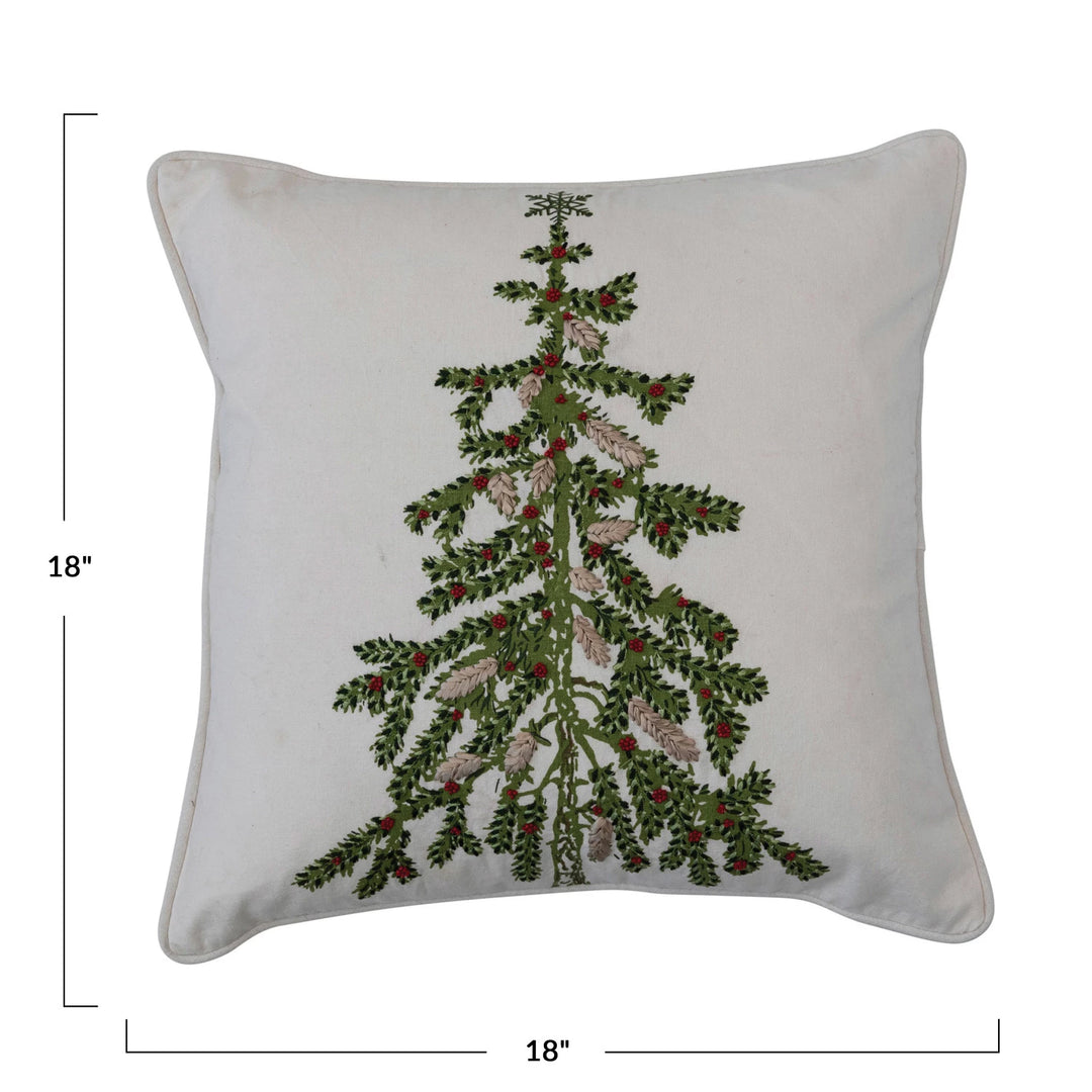 18" Square Cotton Printed Pillow w/ Christmas Tree, Embroidery &amp; Piping, White &amp; Green