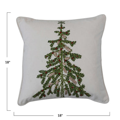 18" Square Cotton Printed Pillow w/ Christmas Tree, Embroidery & Piping, White & Green