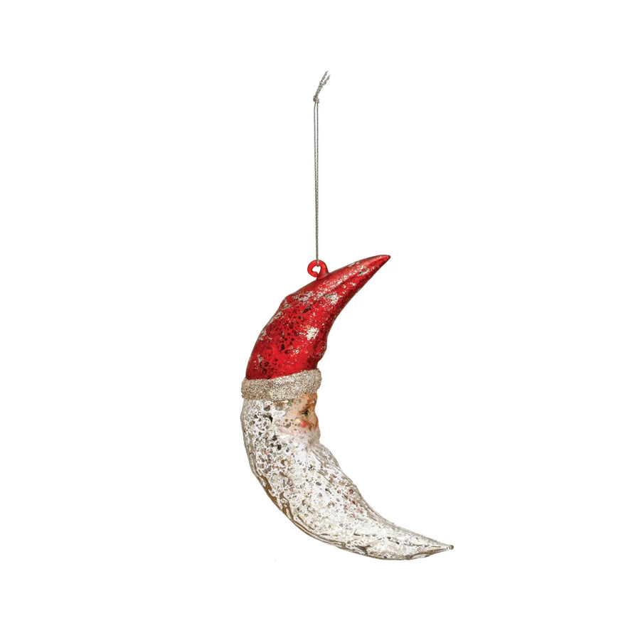 Hand-Painted Mercury Glass Santa Moon Ornament w/ Glitter, Red &amp; Silver Finish
