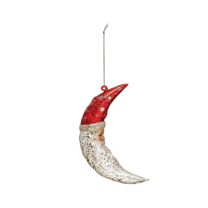 Hand-Painted Mercury Glass Santa Moon Ornament w/ Glitter, Red &amp; Silver Finish