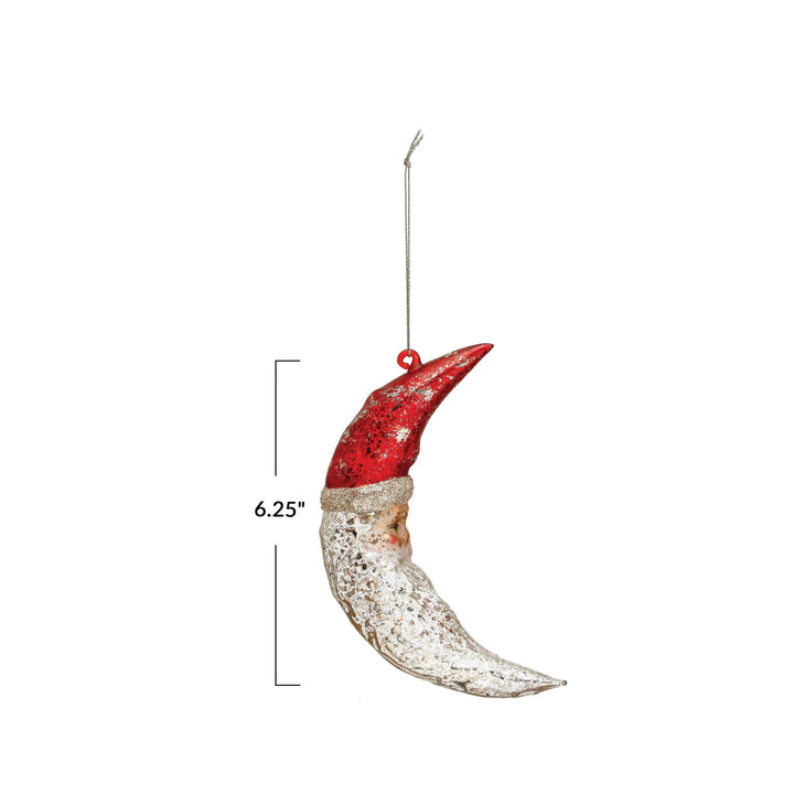 Hand-Painted Mercury Glass Santa Moon Ornament w/ Glitter, Red &amp; Silver Finish