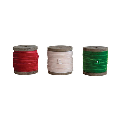 10 Yard Velvet Ribbon on Wood Spool, 3 Colors