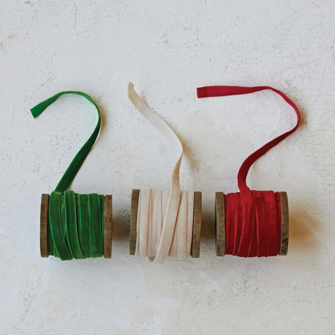 10 Yard Velvet Ribbon on Wood Spool, 3 Colors
