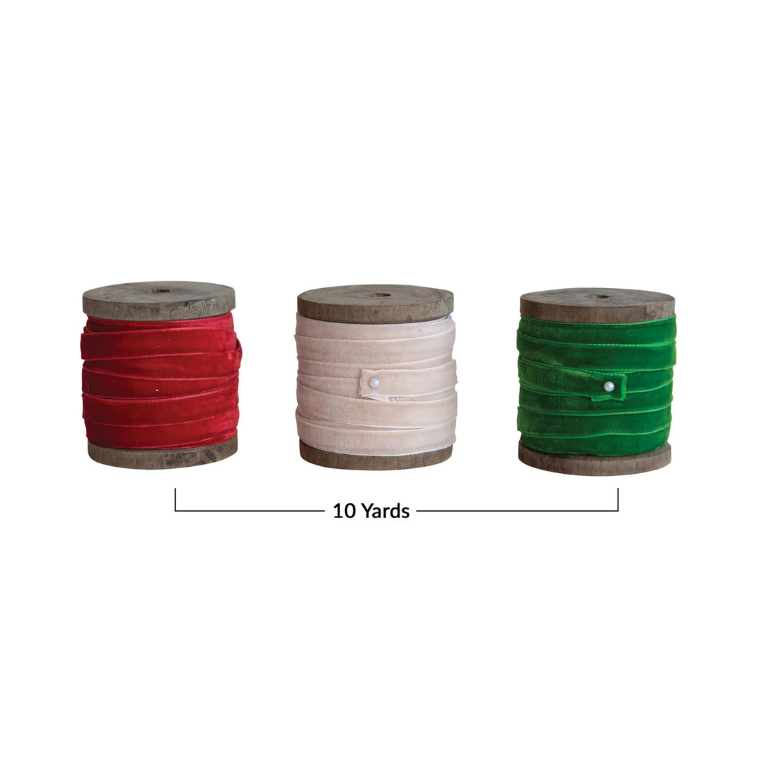 10 Yard Velvet Ribbon on Wood Spool, 3 Colors