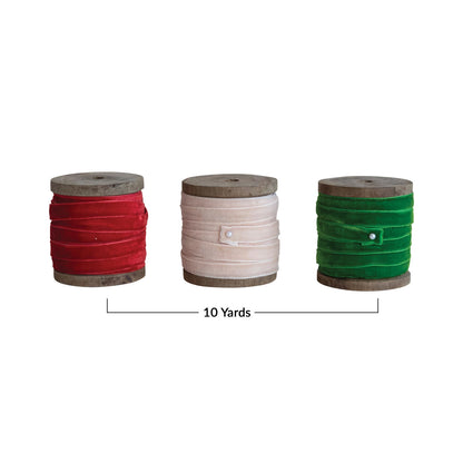 10 Yard Velvet Ribbon on Wood Spool, 3 Colors