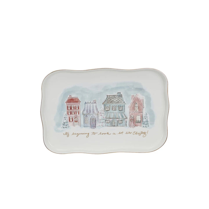 Stoneware Platter w/ Village Christmas Scene &amp; Gold Electroplating