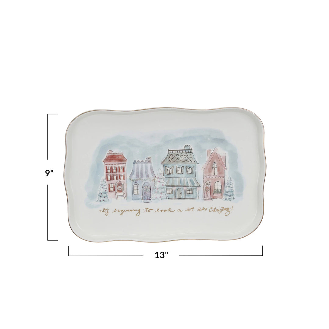 Stoneware Platter w/ Village Christmas Scene &amp; Gold Electroplating