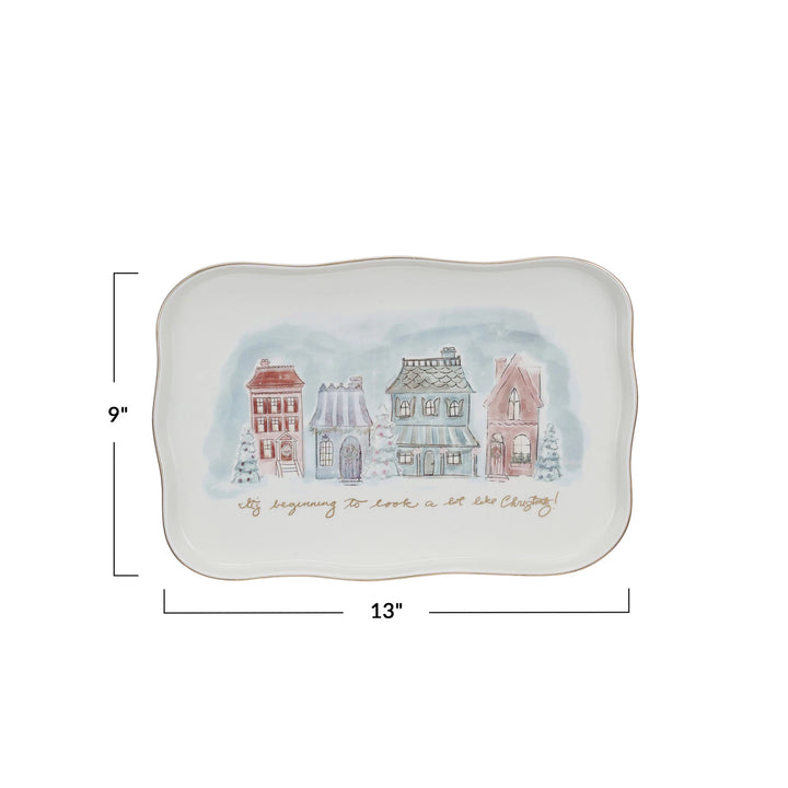 Stoneware Platter w/ Village Christmas Scene &amp; Gold Electroplating
