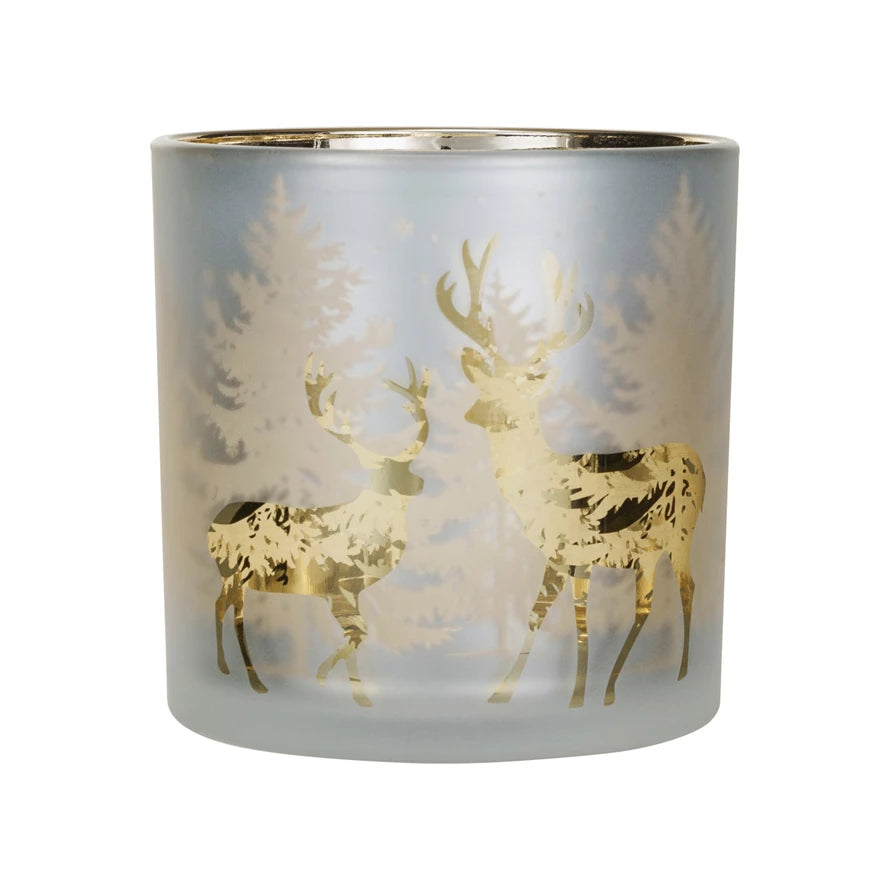 Mercury Glass Candle Holder w/ Laser Etched Scene, White &amp; Gold Finish