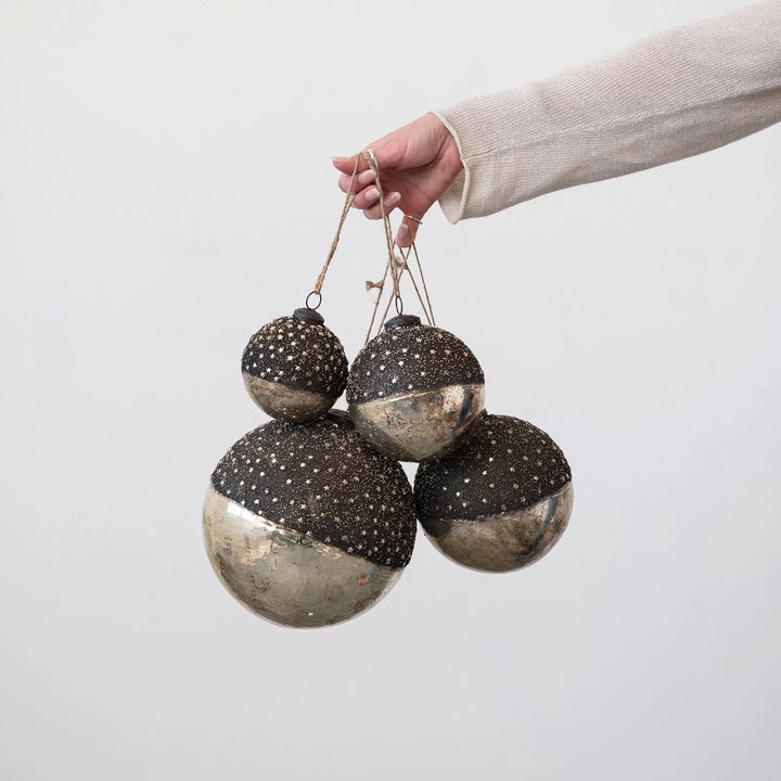 Mercury Glass Ball Ornament w/ Stars, Dipped Bronze &amp; Silver Finish