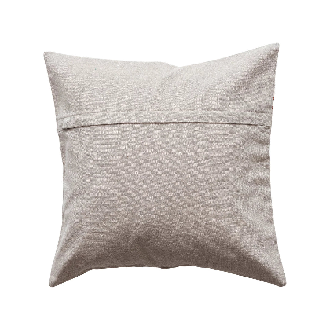 18" Square Cotton &amp; Linen Printed Pillow w/ Reindeer, Embroidered Snowflakes &amp; Tree