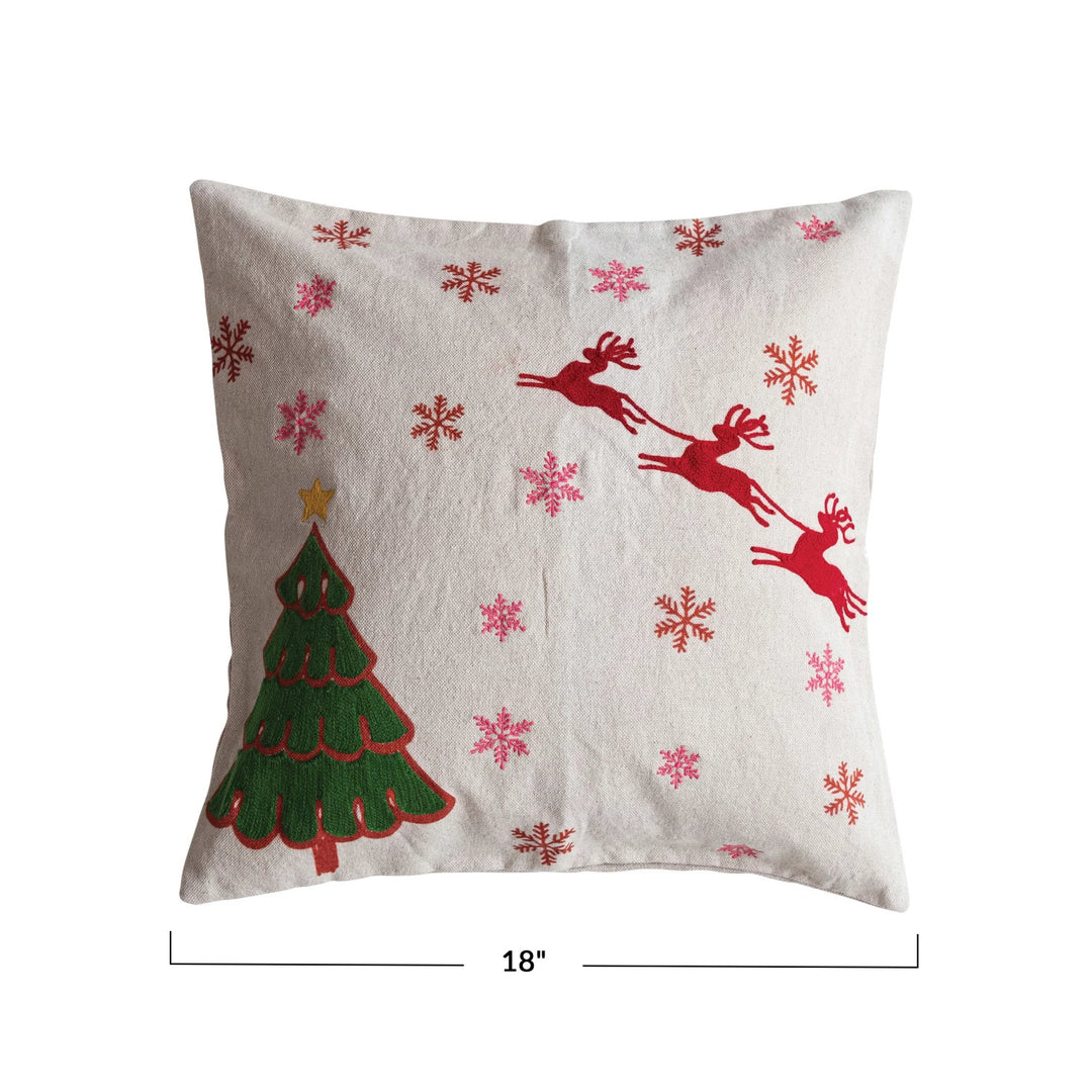 18" Square Cotton &amp; Linen Printed Pillow w/ Reindeer, Embroidered Snowflakes &amp; Tree