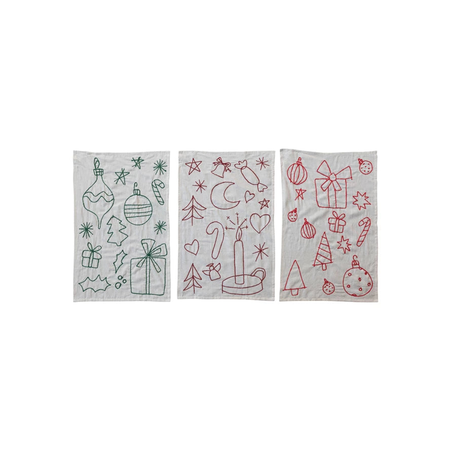 Woven Cotton & Linen Tea Towel w/ Embroidered Holiday Icons(set of 3)