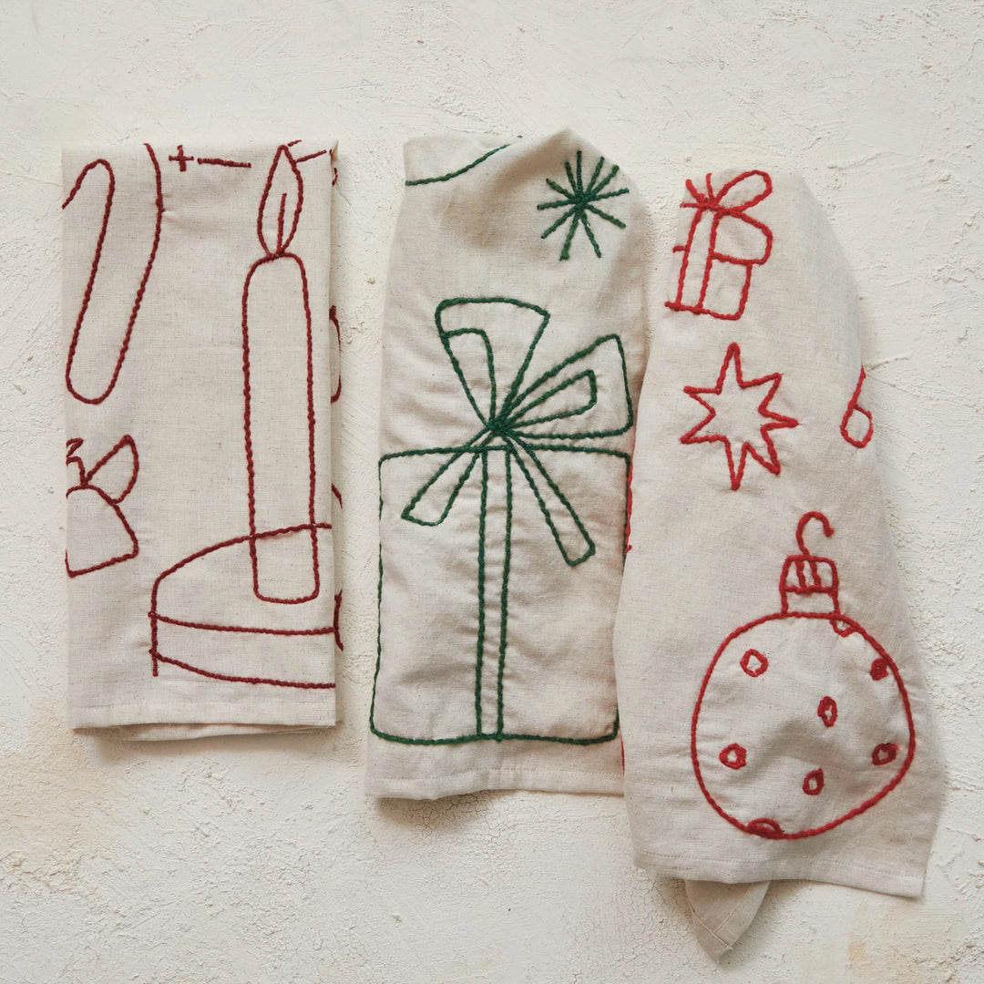 Woven Cotton &amp; Linen Tea Towel w/ Embroidered Holiday Icons(set of 3)
