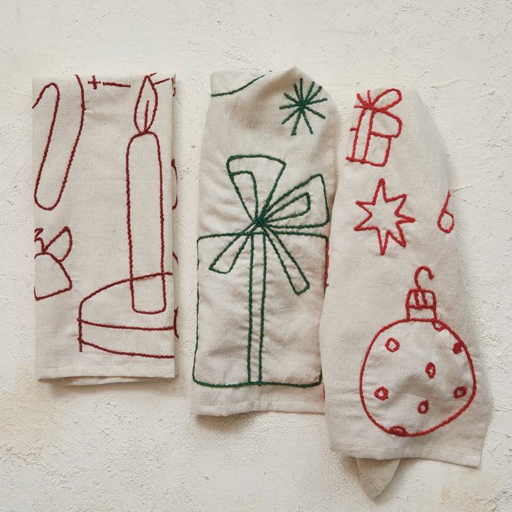 Woven Cotton &amp; Linen Tea Towel w/ Embroidered Holiday Icons(set of 3)
